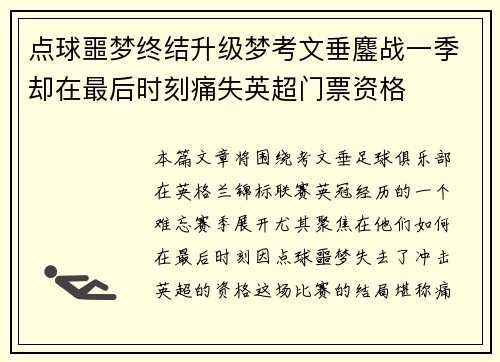 点球噩梦终结升级梦考文垂鏖战一季却在最后时刻痛失英超门票资格
